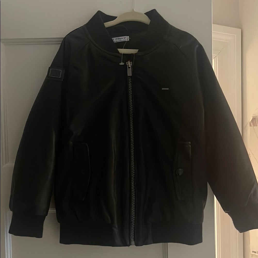 Kids Black faux leather bomber Jacket
